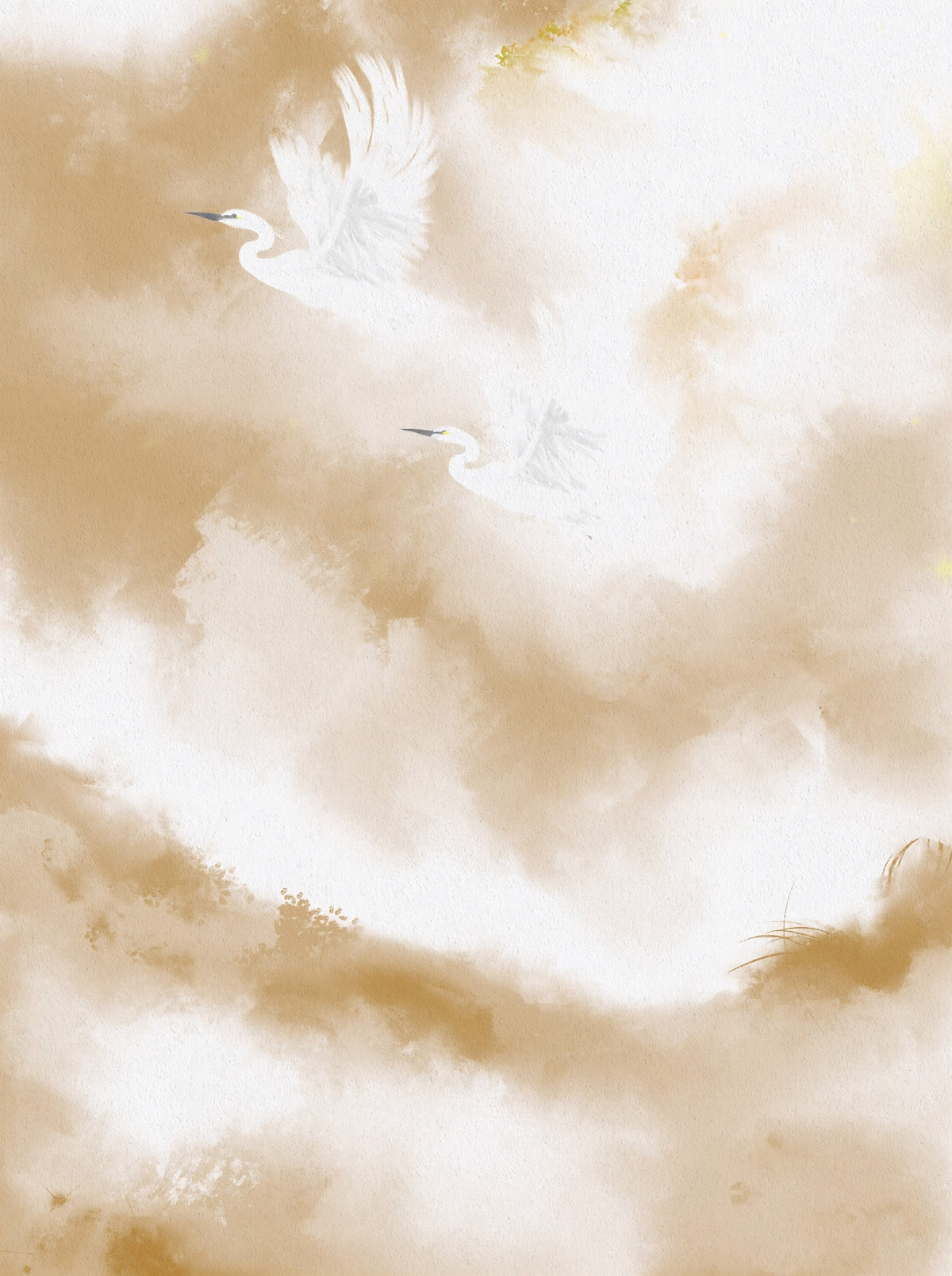 Flight of Serenity Biege Watercolor Birds Wall Mural in your room — zoomed