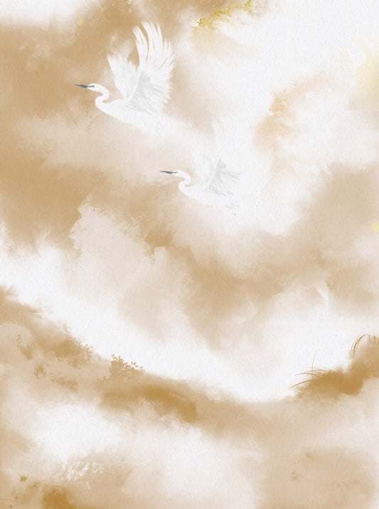 Flight of Serenity Biege Watercolor Birds Wall Mural