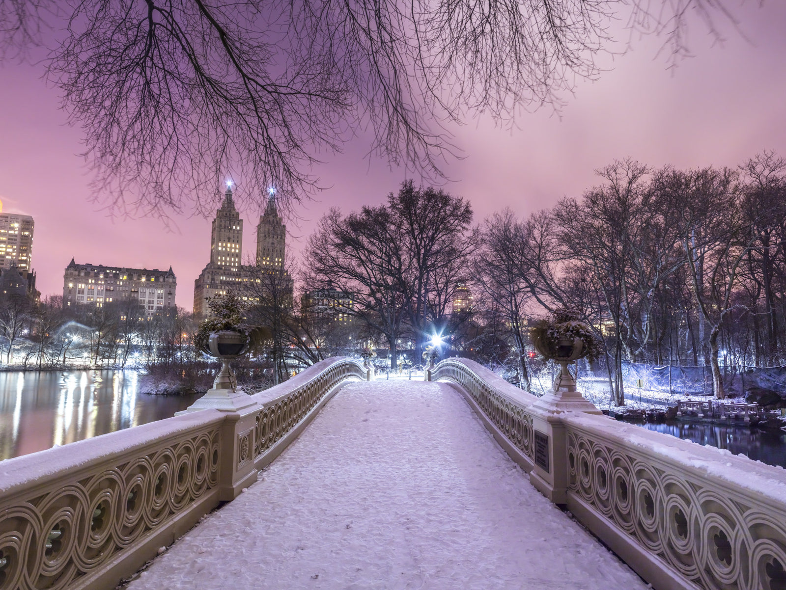 Bow Bridge Winter: Central Park's Pink Dusk Wall Mural