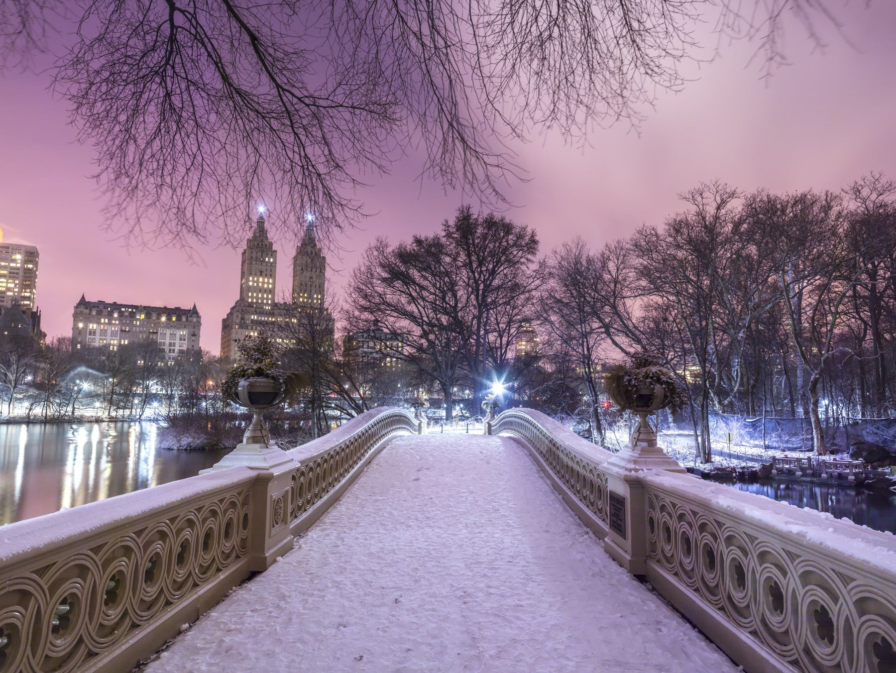 Bow Bridge Winter: Central Park's Pink Dusk Wall Mural