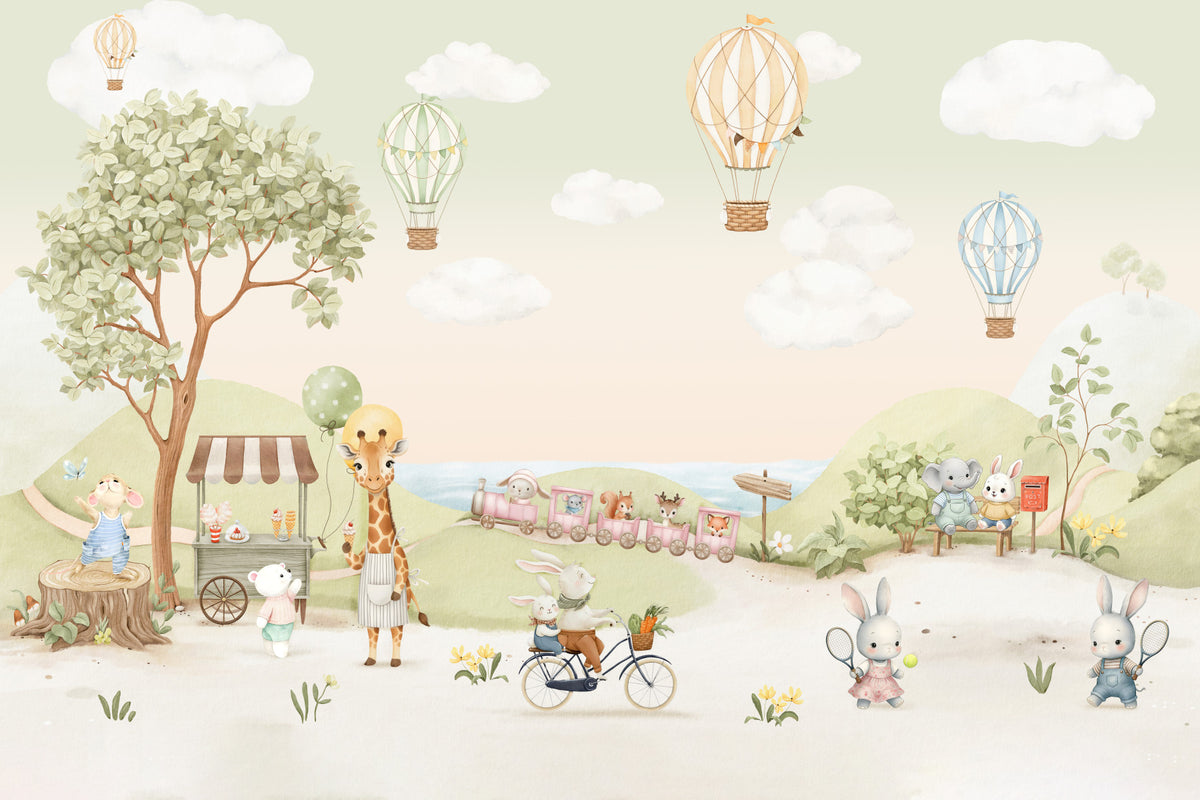 Whimsical Animal Adventure Wall Mural in your room