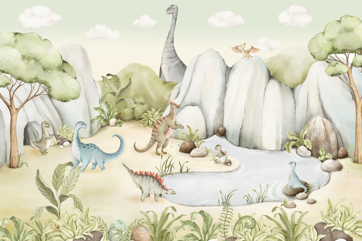 Watercolor Dino World Wall Mural in your room