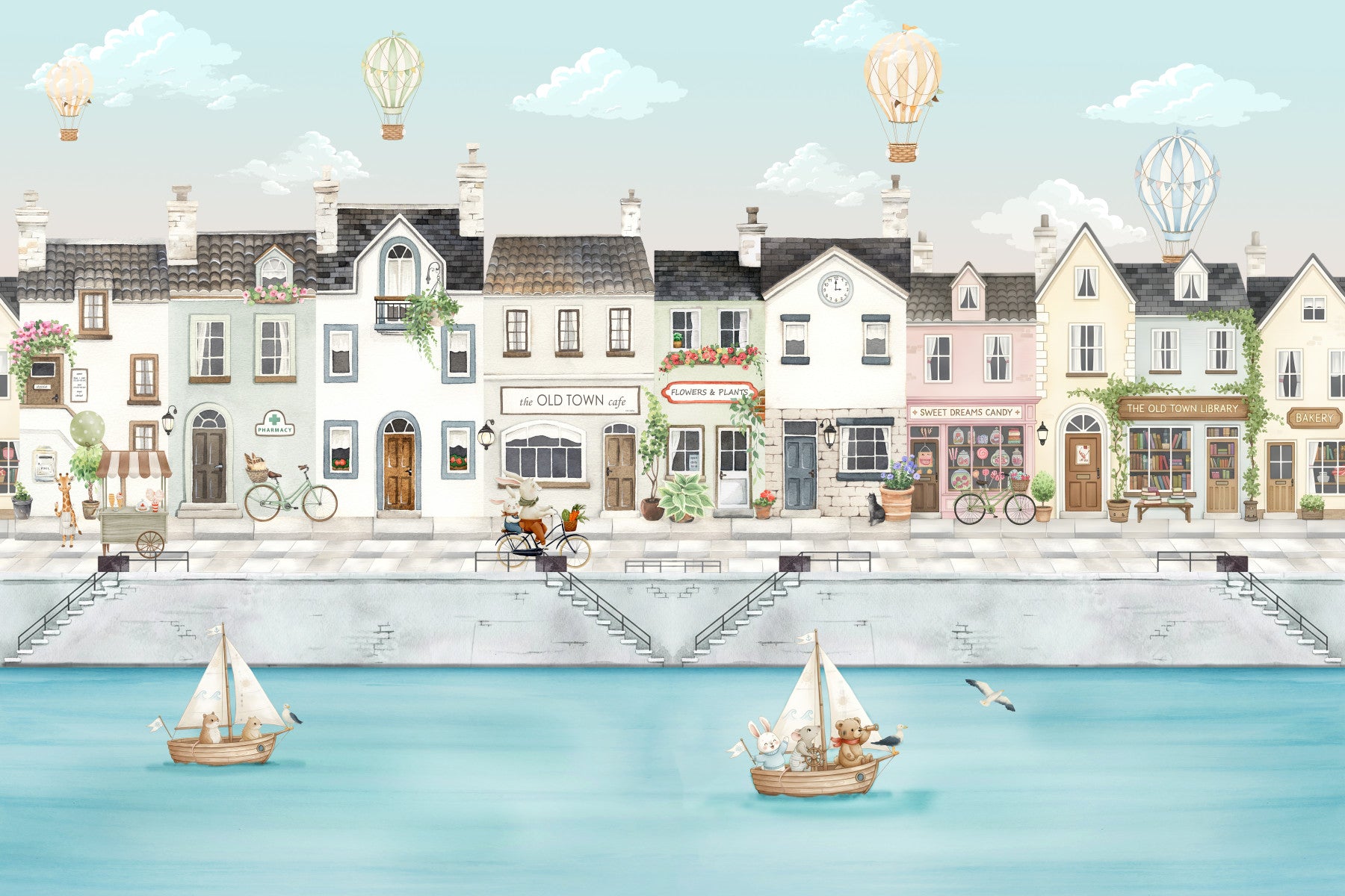 Quaint Canal Town wall mural setting a calm scene in a styled Nursery area 