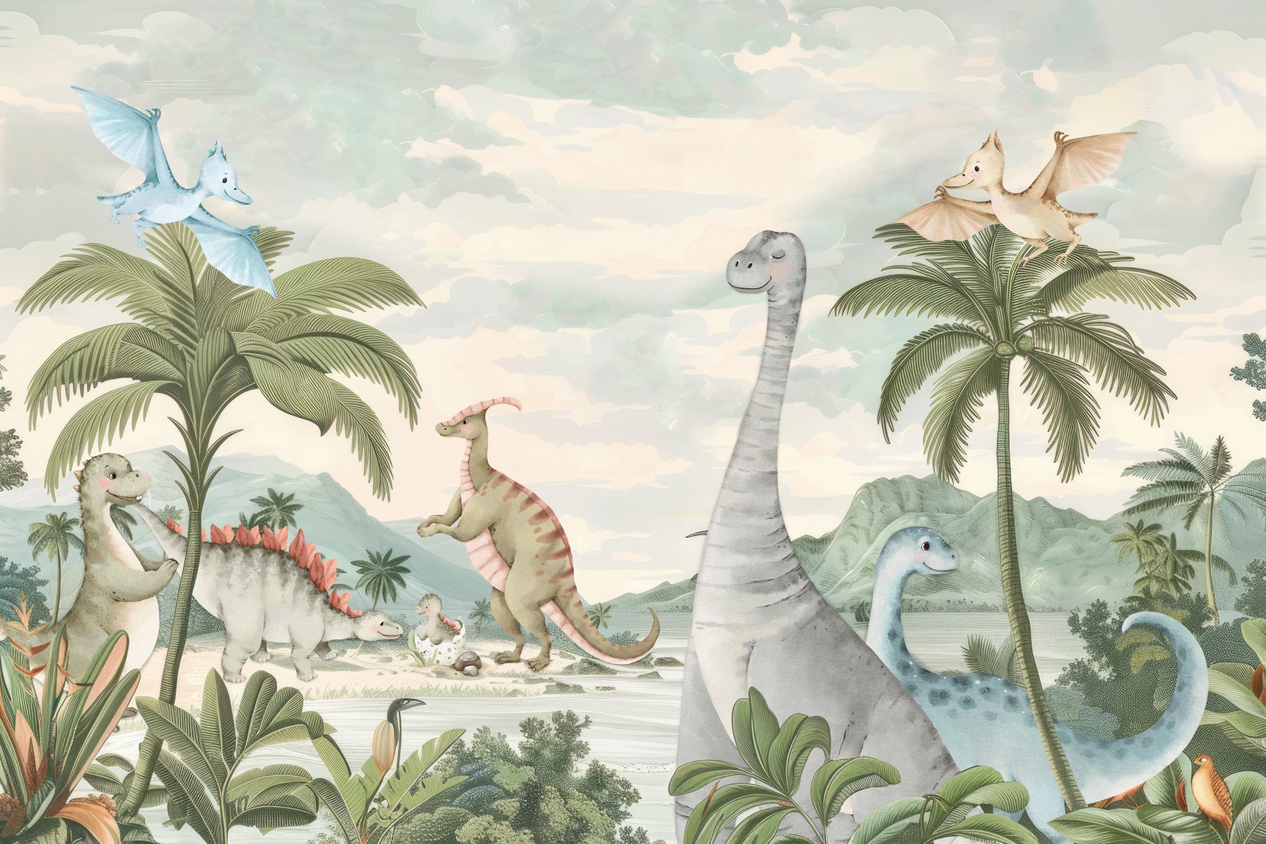 Whimsical Dino World Wall Mural