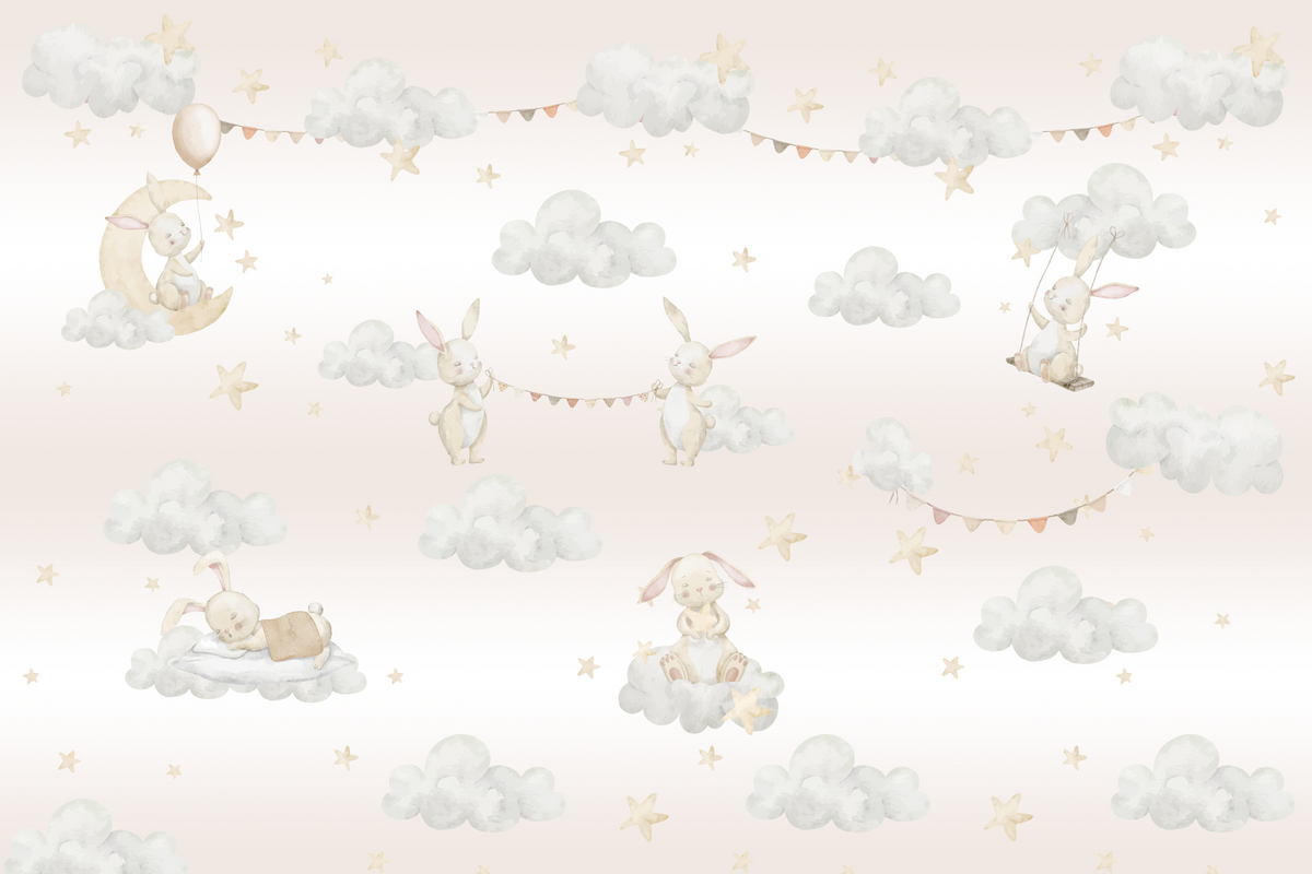 Dreamy Bunny Cloud Adventures Wall Mural in your room