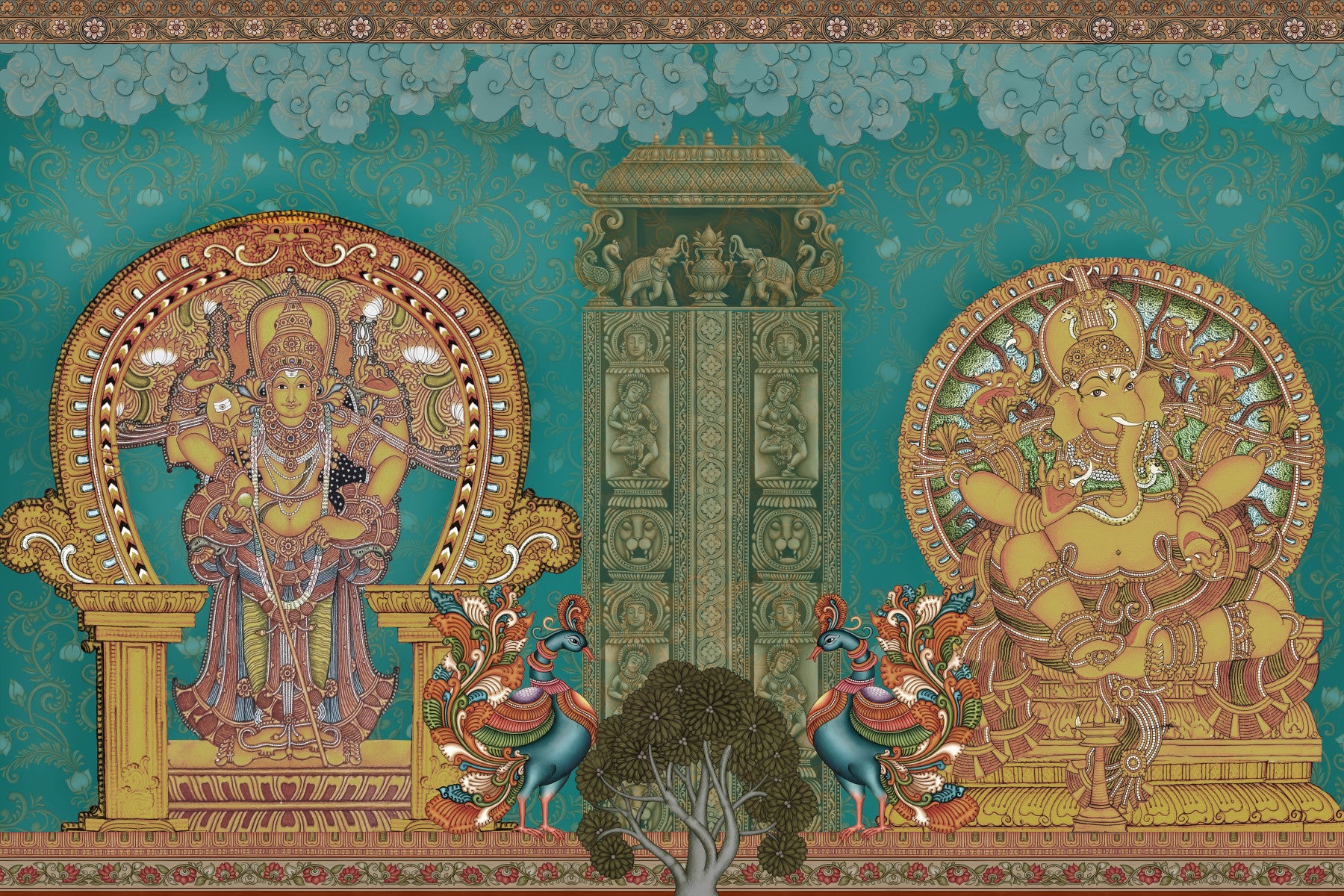 Living room with grey sofa facing the Divine Indian Grandeur wall mural in teal and gold