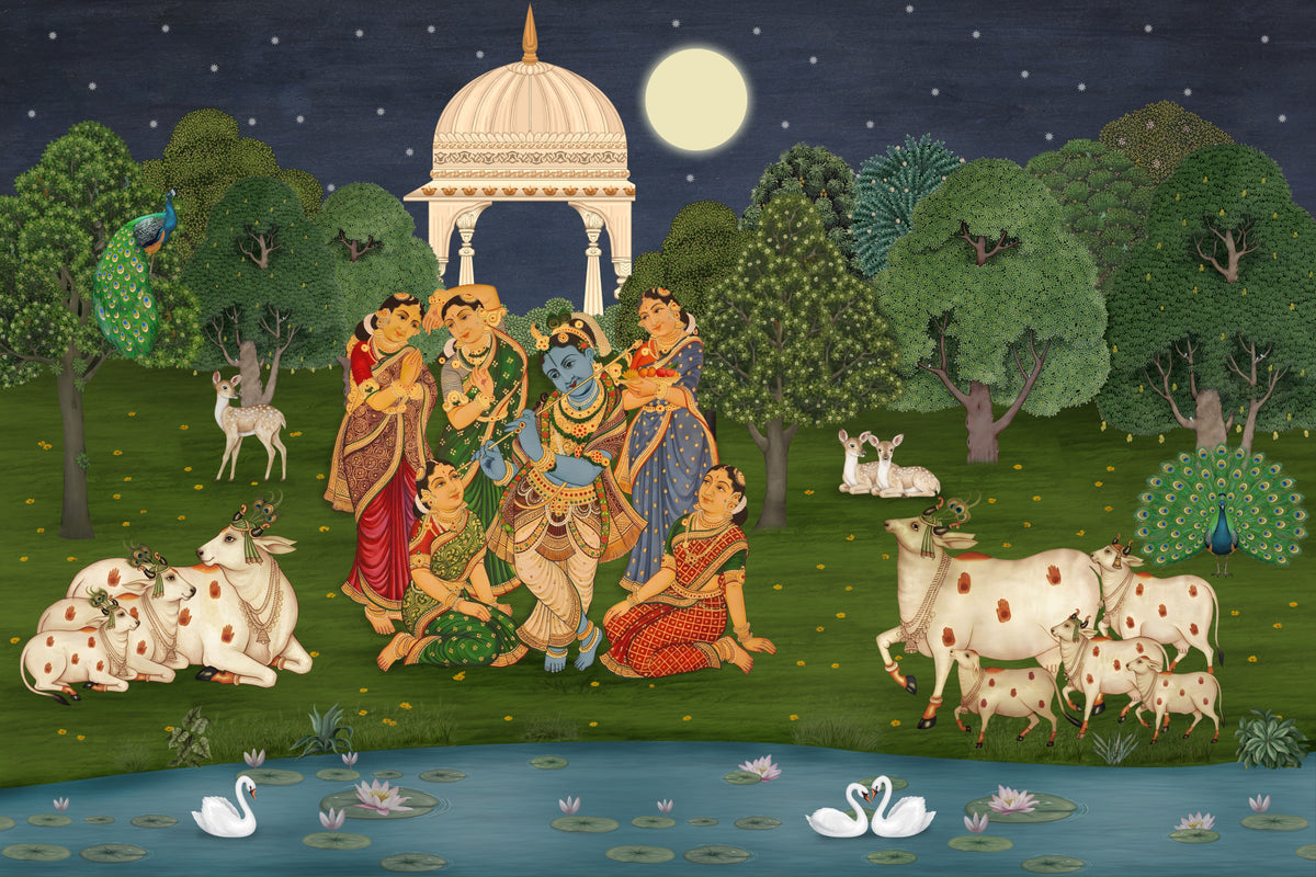 Divine Flute: Vrindavan Moonlight Wall Mural in your room — zoomed