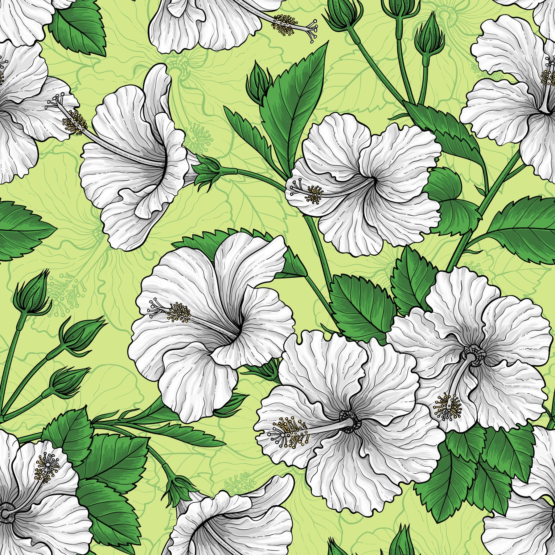 Vintage Hibiscus Botanical Floral Pattern Tropical Hawaiian Aloha Summer Garden Print Wallpaper⁠