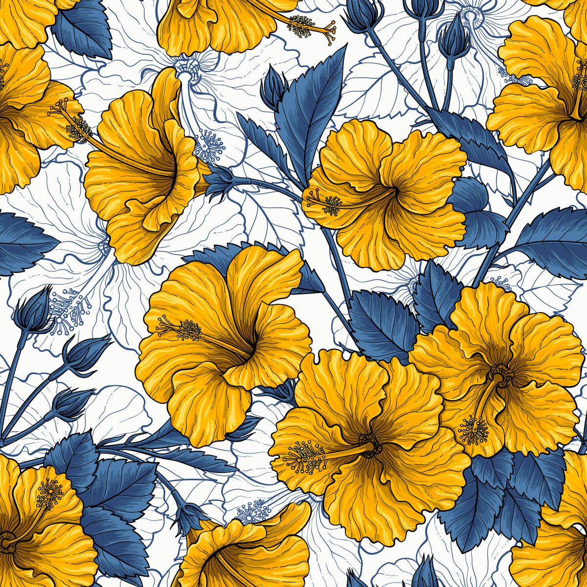 Vintage Hibiscus Botanical Floral Pattern .Tropical Hawaiian Aloha Summer Garden Print Wallpaper⁠ in your room — zoomed