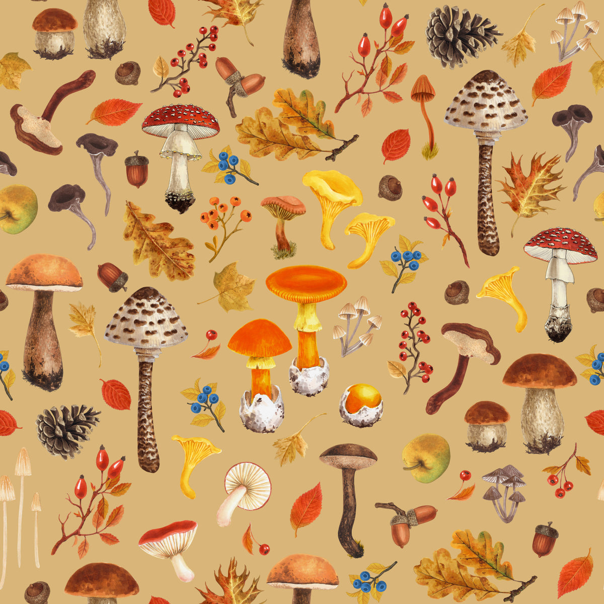 Wild mushrooms on ochre Wallpaper⁠ in your room — zoomed