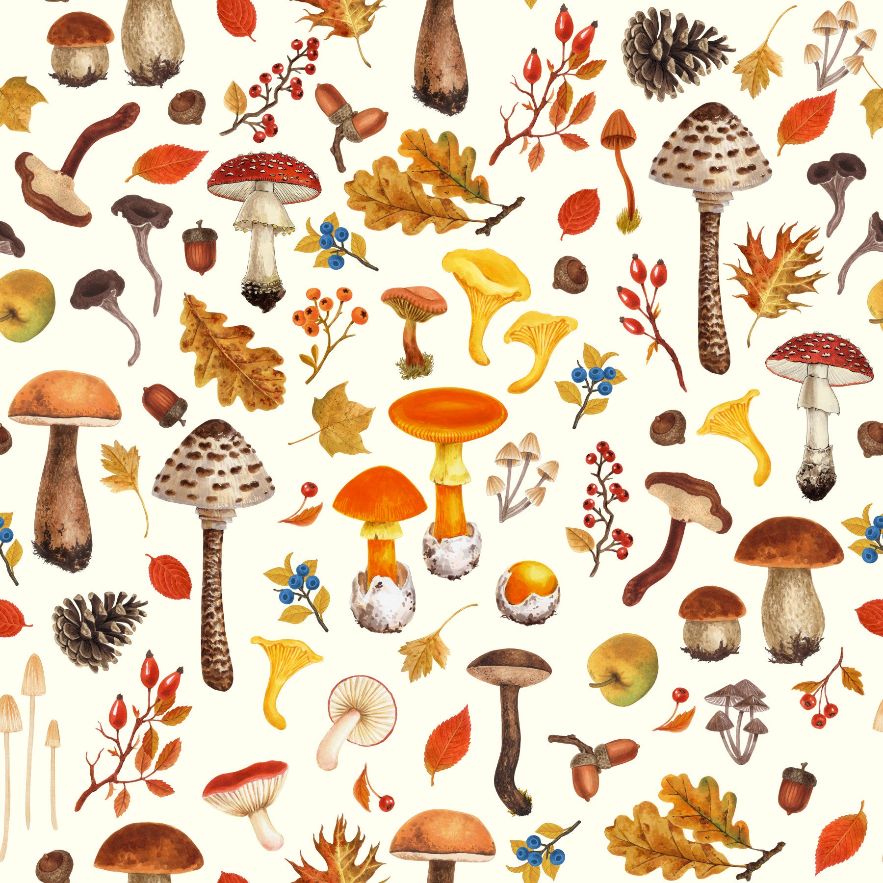 Toadstools and oak leaves drift around mushroom wallpaper in a dining room.