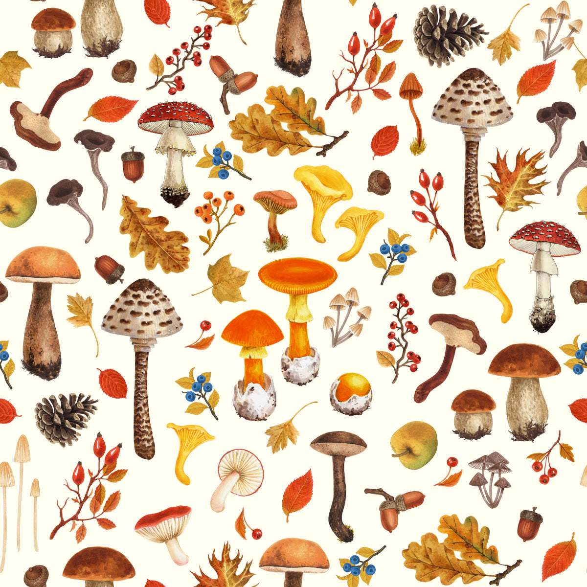 Wild mushrooms on off white Wallpaper⁠ in your room — zoomed