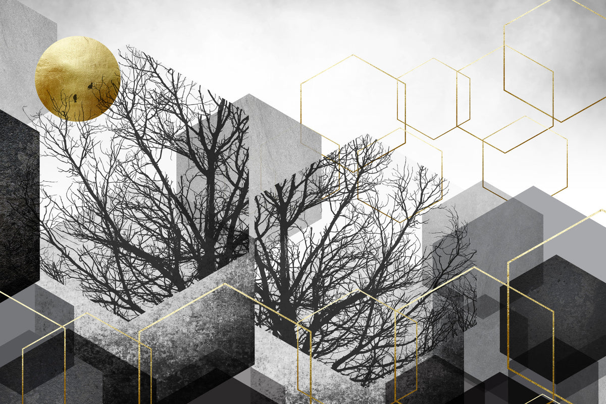 Gilded Geometry: Urban Forest Silhouette Wall Mural in your room
