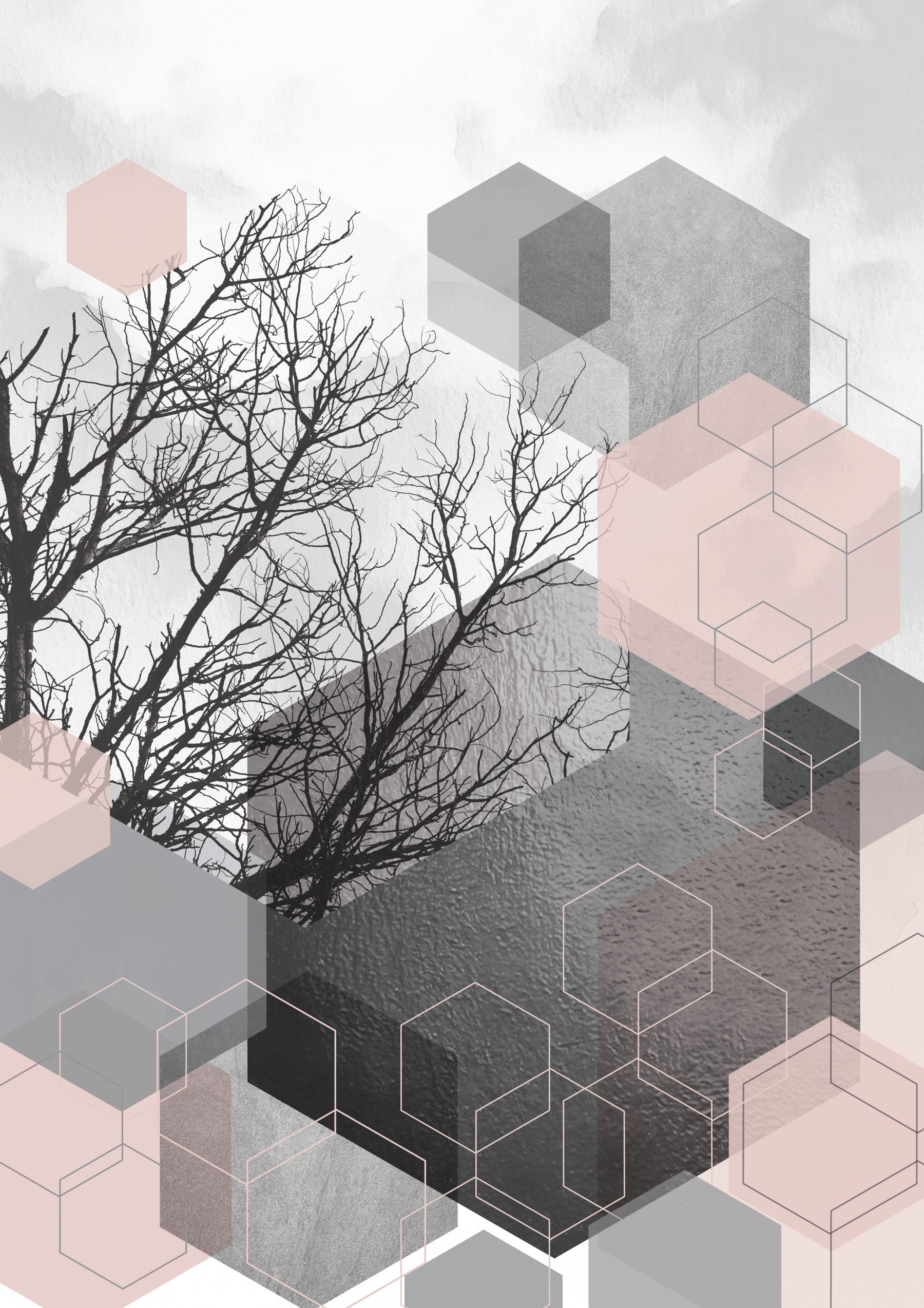 Hallway Blush Horizon wall mural with Geometric Forest branches and blush shapes