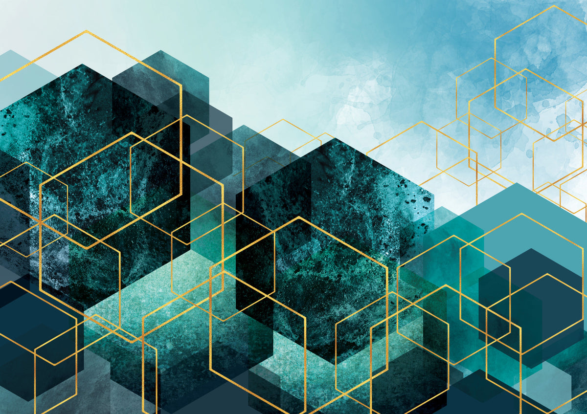 Geometric Teal Gold Glow Wall Mural in your room