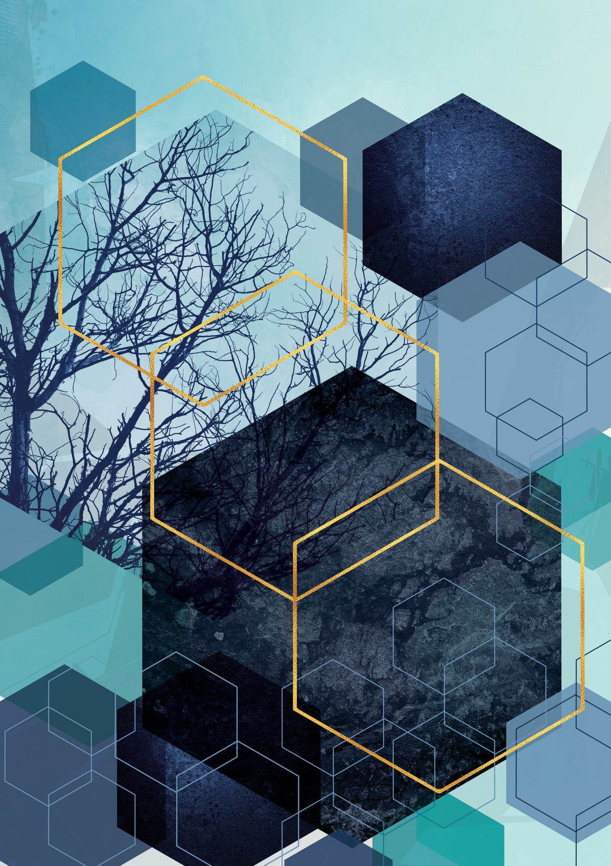 Golden Hexagon Nature Blend Wall Mural in your room — zoomed