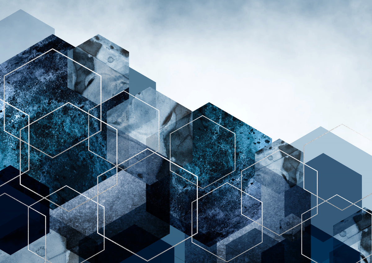 Hexagon Strata: Modern Blue & Silver Wall Mural in your room — zoomed