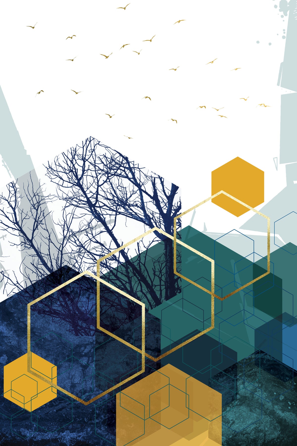 Azure Branches & Gold Hexes Wall Mural in your room