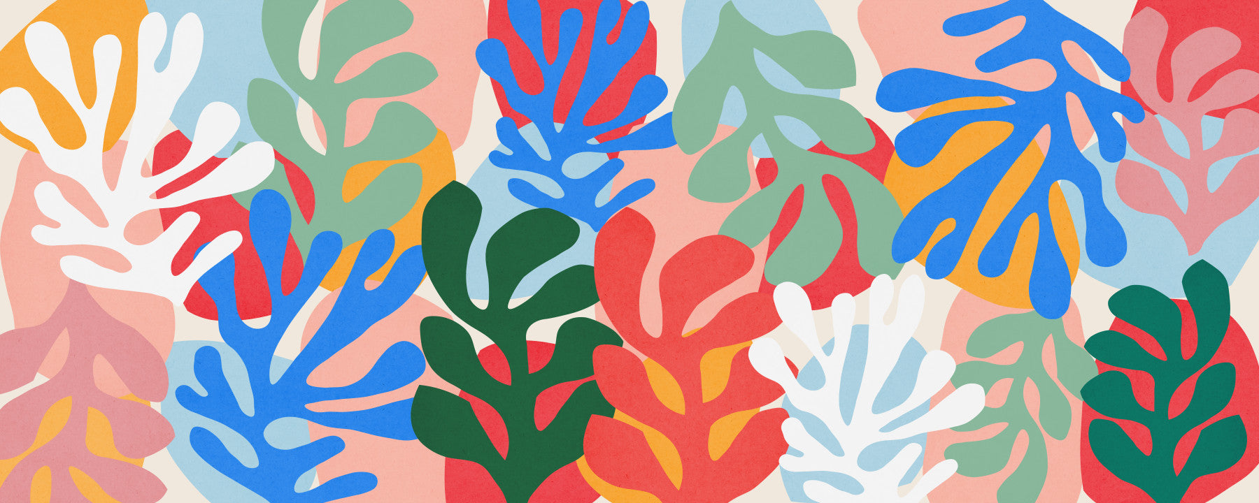 Dining room Vibrant Organic Forms wall mural with coral, blue, and green leaves