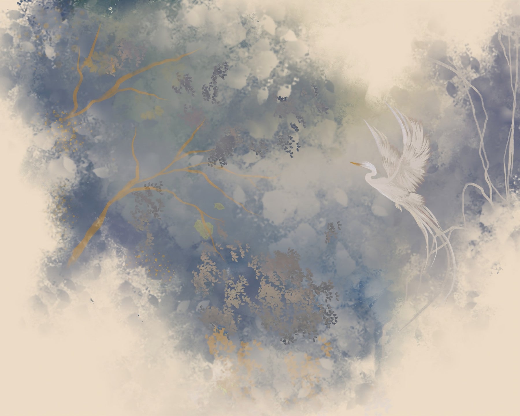 Office area Flying Bird wall mural with soft blue pastel garden mist