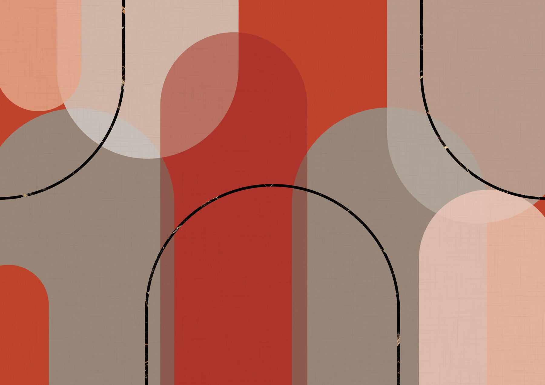 Bedroom wall mural featuring bold arches and dark curved abstract lines
