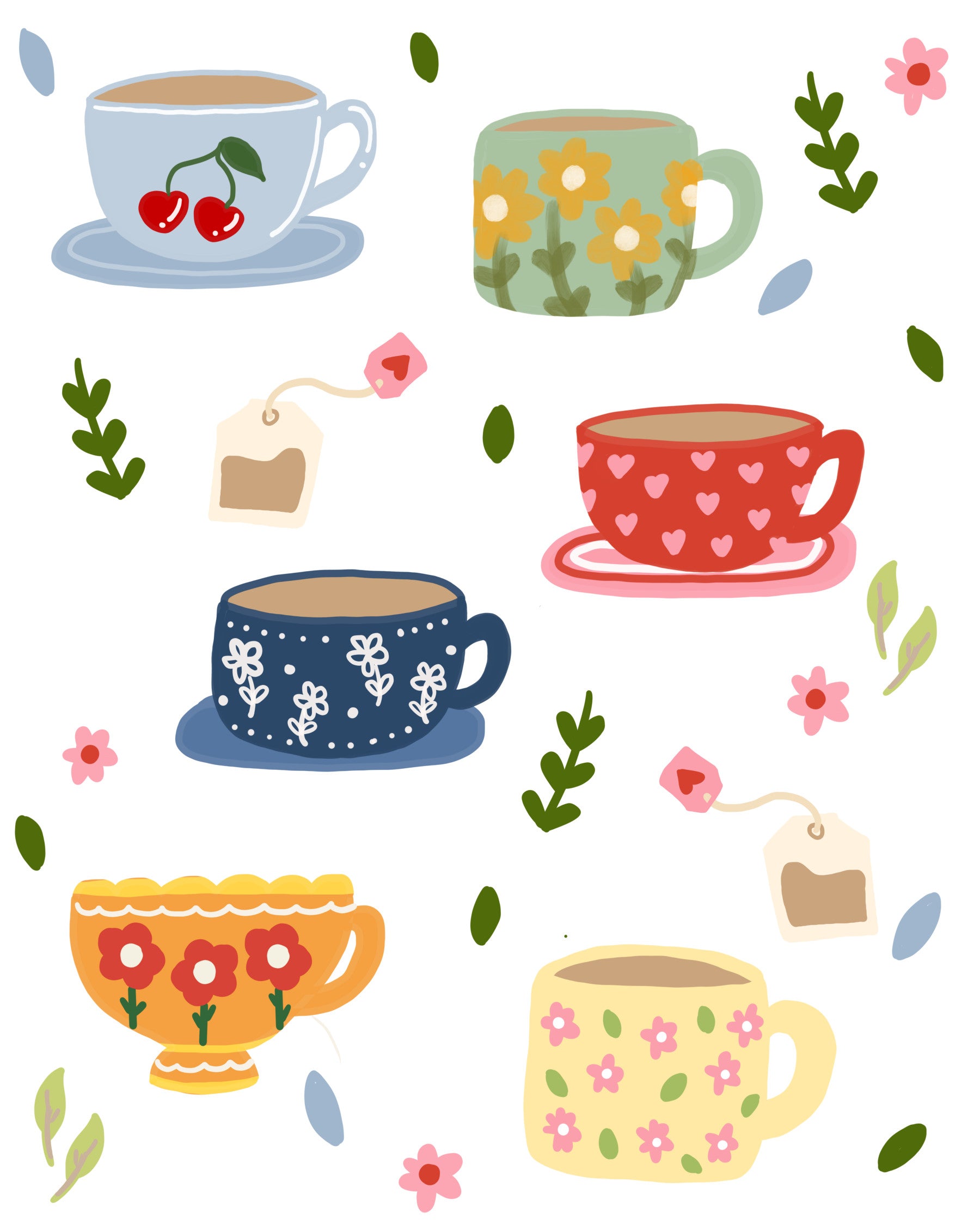 Pantry Teatime Wall Mural with tea tags, cups, and playful leaves