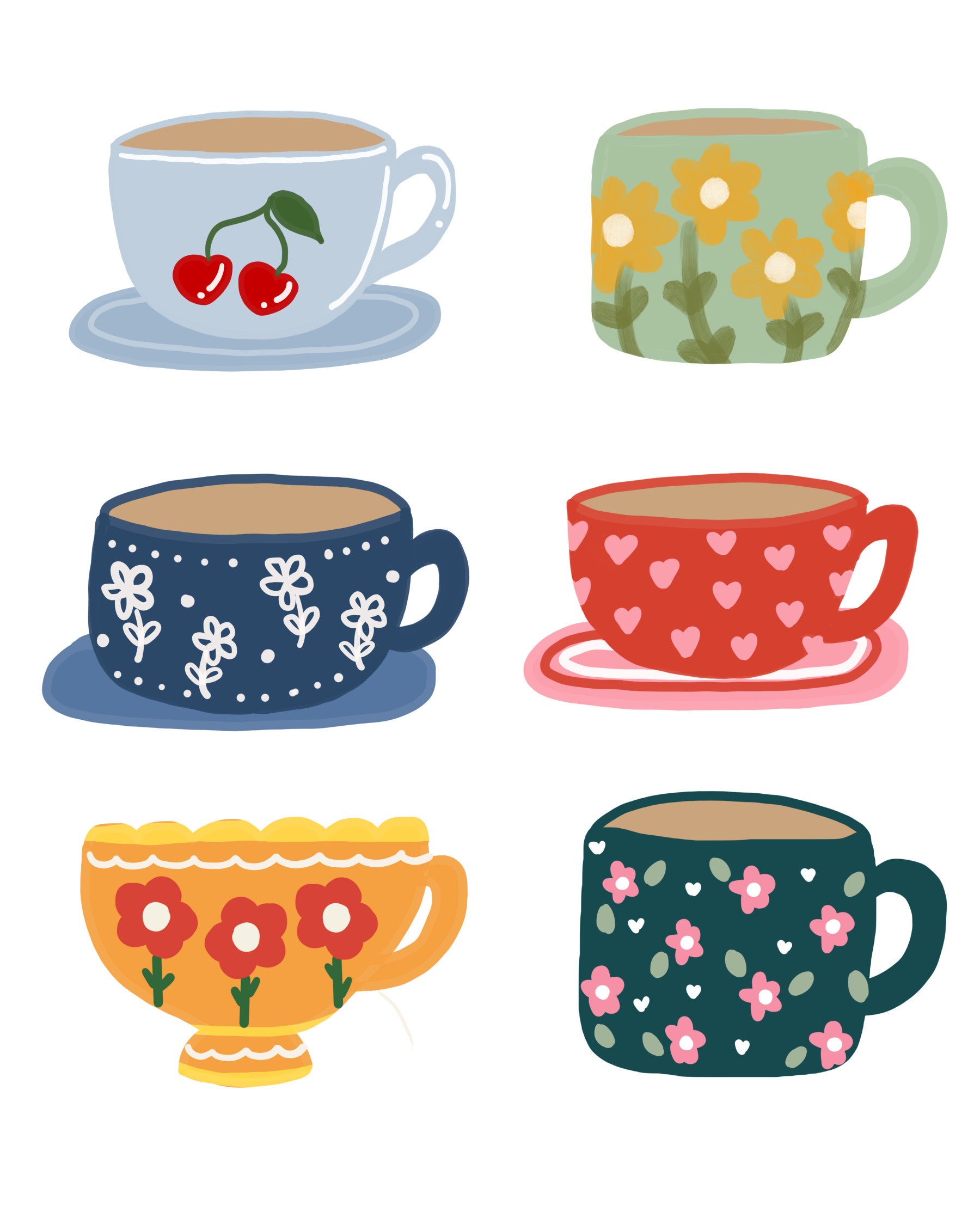 Kitchen Tea Cups Wall Mural with cherry cup and floral mug artwork