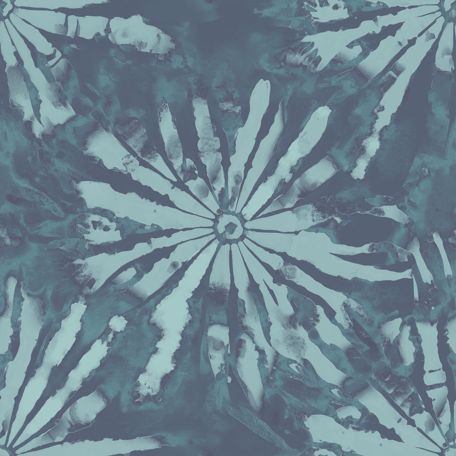 Kitchen area Burst Wall Mural with layered teal shapes and painterly texture