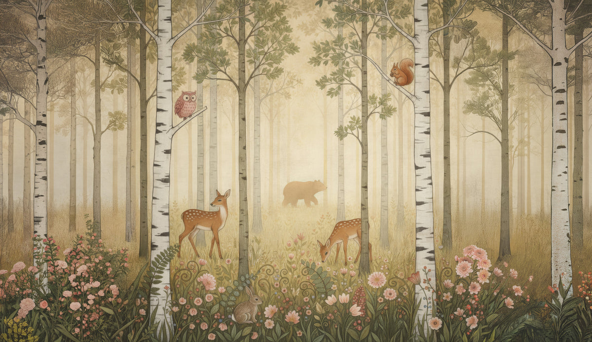 Forest Animals and Wildflowers  –  Warm Sun Wall Mural in your room — zoomed