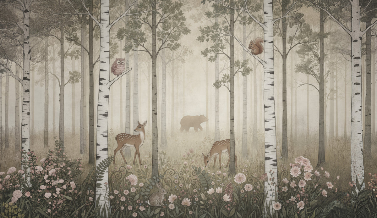 Forest Animals and Wildflowers – Misty Day Wall Mural in your room