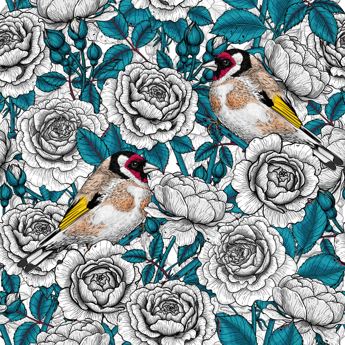 Goldfinch & White and Teal Rose Garden Wallpaper⁠ in your room — zoomed