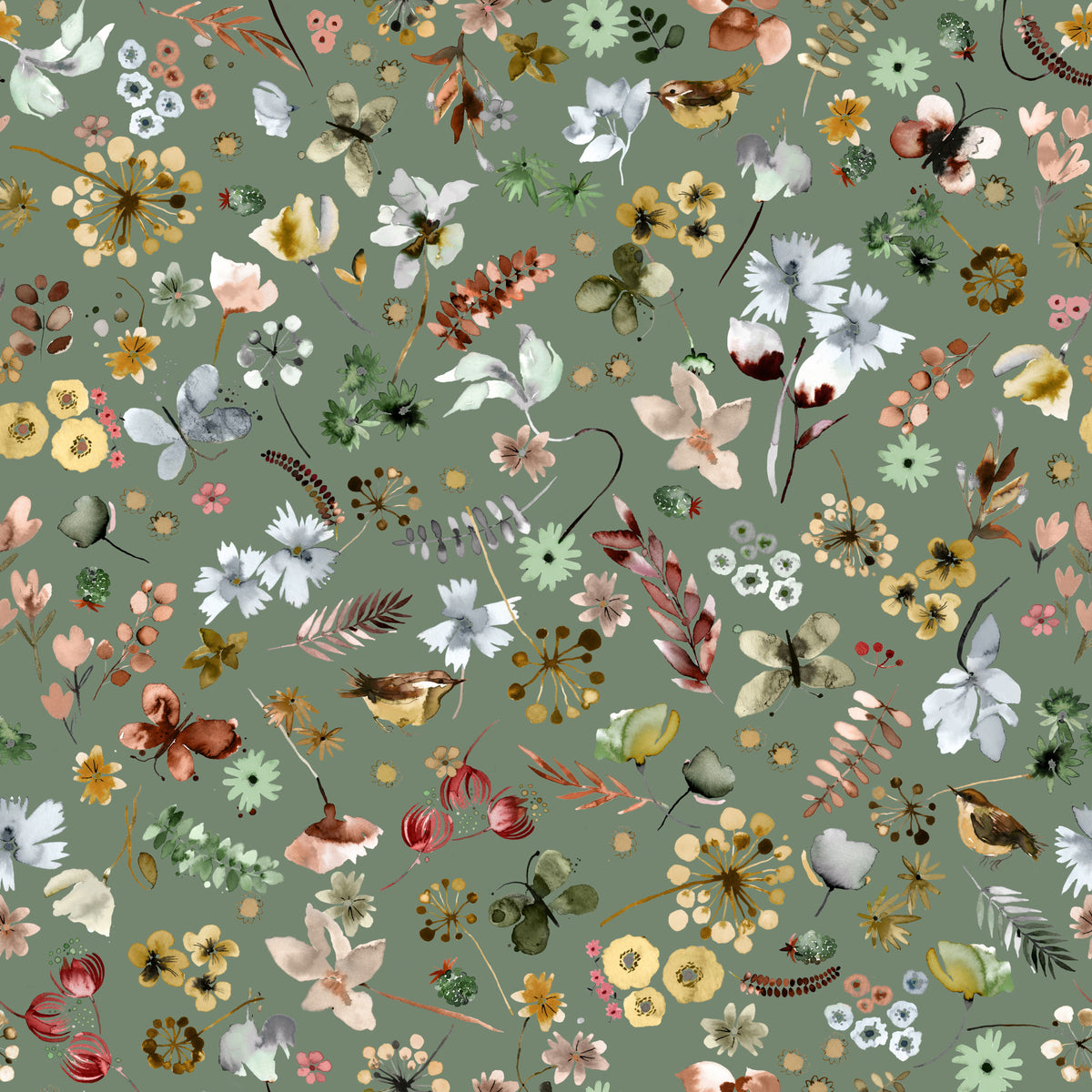 Earthy Woodland Watercolor Jade Green Wallpaper⁠ in your room