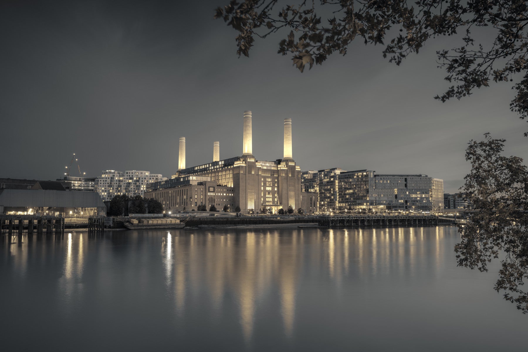 Illuminated London landmark wall mural with evening skyline