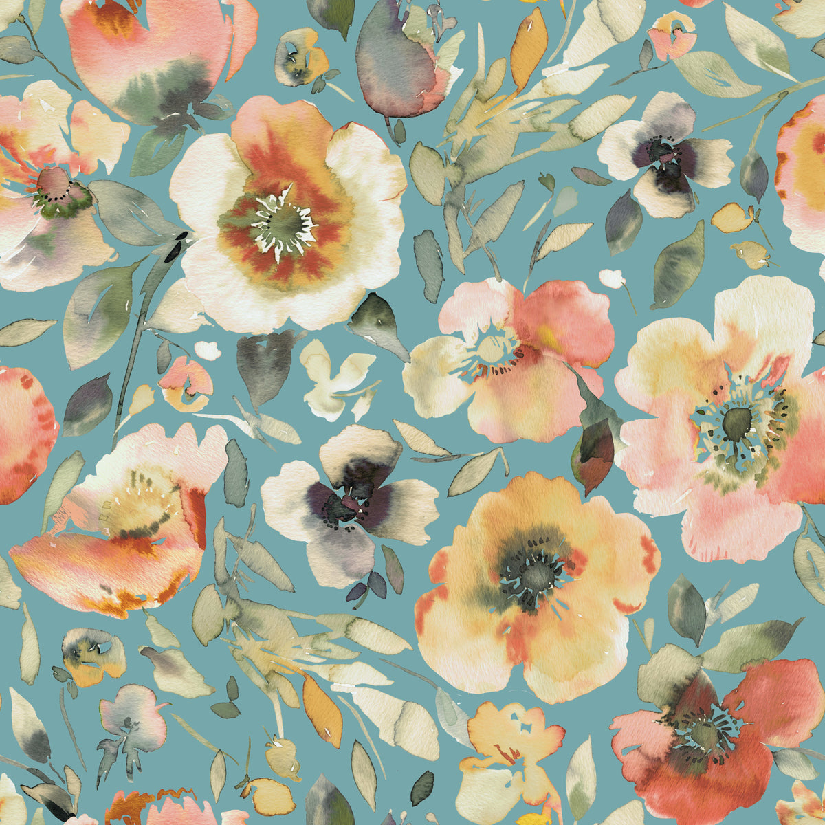 Soft Watercolor Floral Blooms Teal Peach Wallpaper⁠ in your room — zoomed