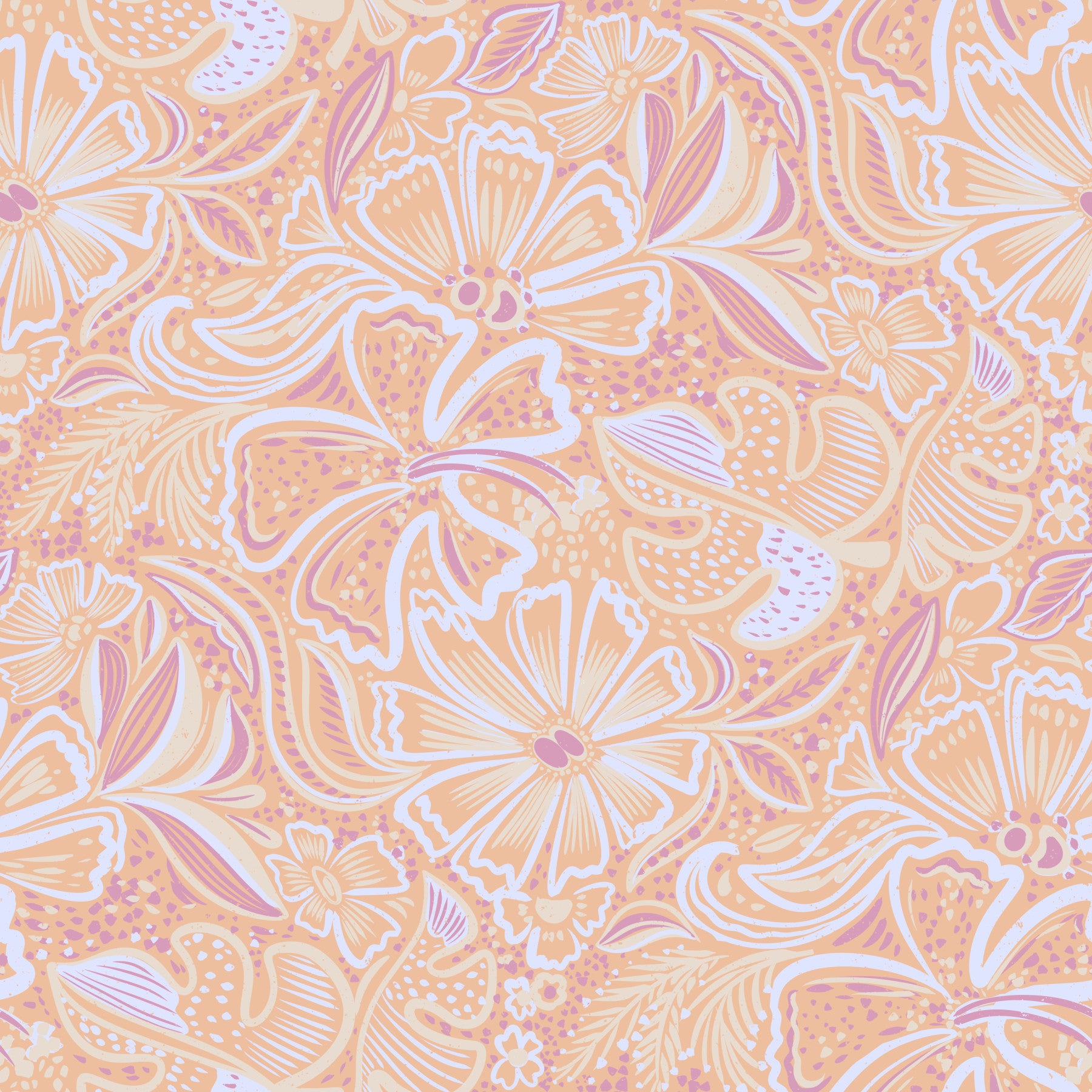 Living room Soft Peach Floral Swirl Wallpaper with pastel blooms and soft curves