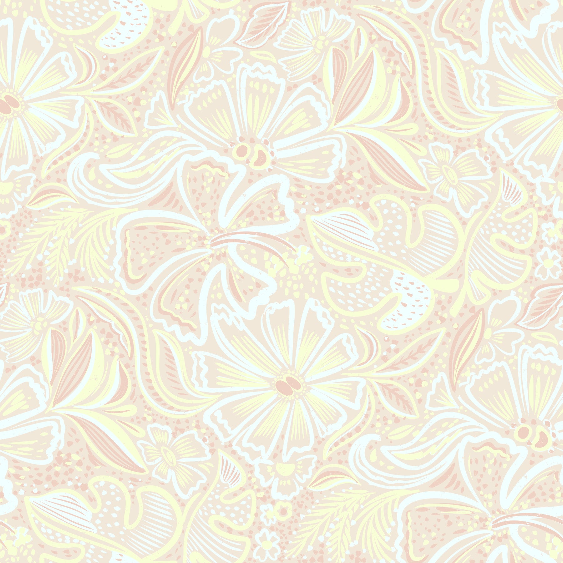 Office area Pastel Bloom Swirl Wallpaper in blush, cream, and pale yellow tones