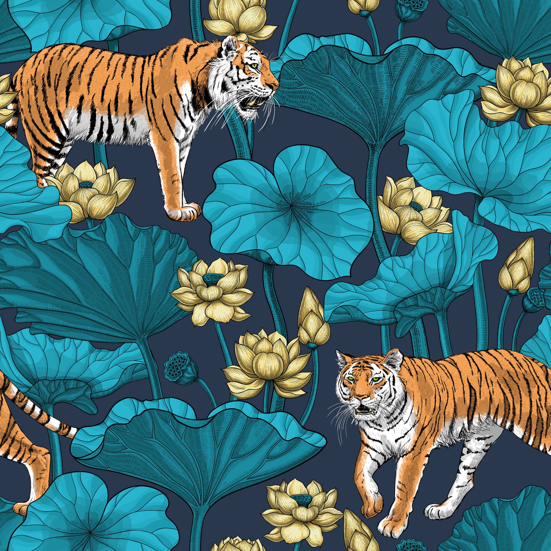 Tigers in the lotus pond in blue and yellow Wallpaper⁠