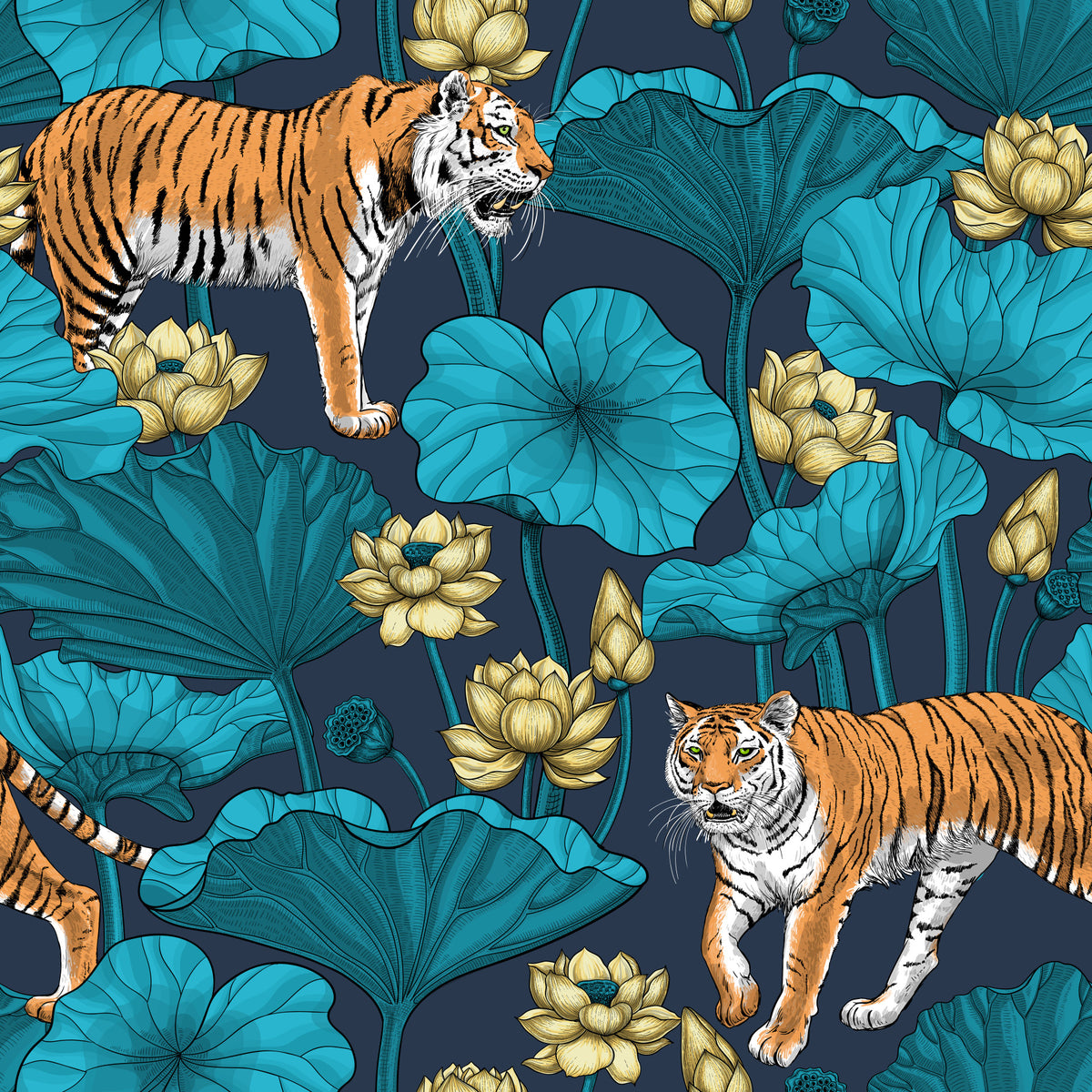Tigers in the lotus pond in blue and yellow Wallpaper⁠ in your room — zoomed