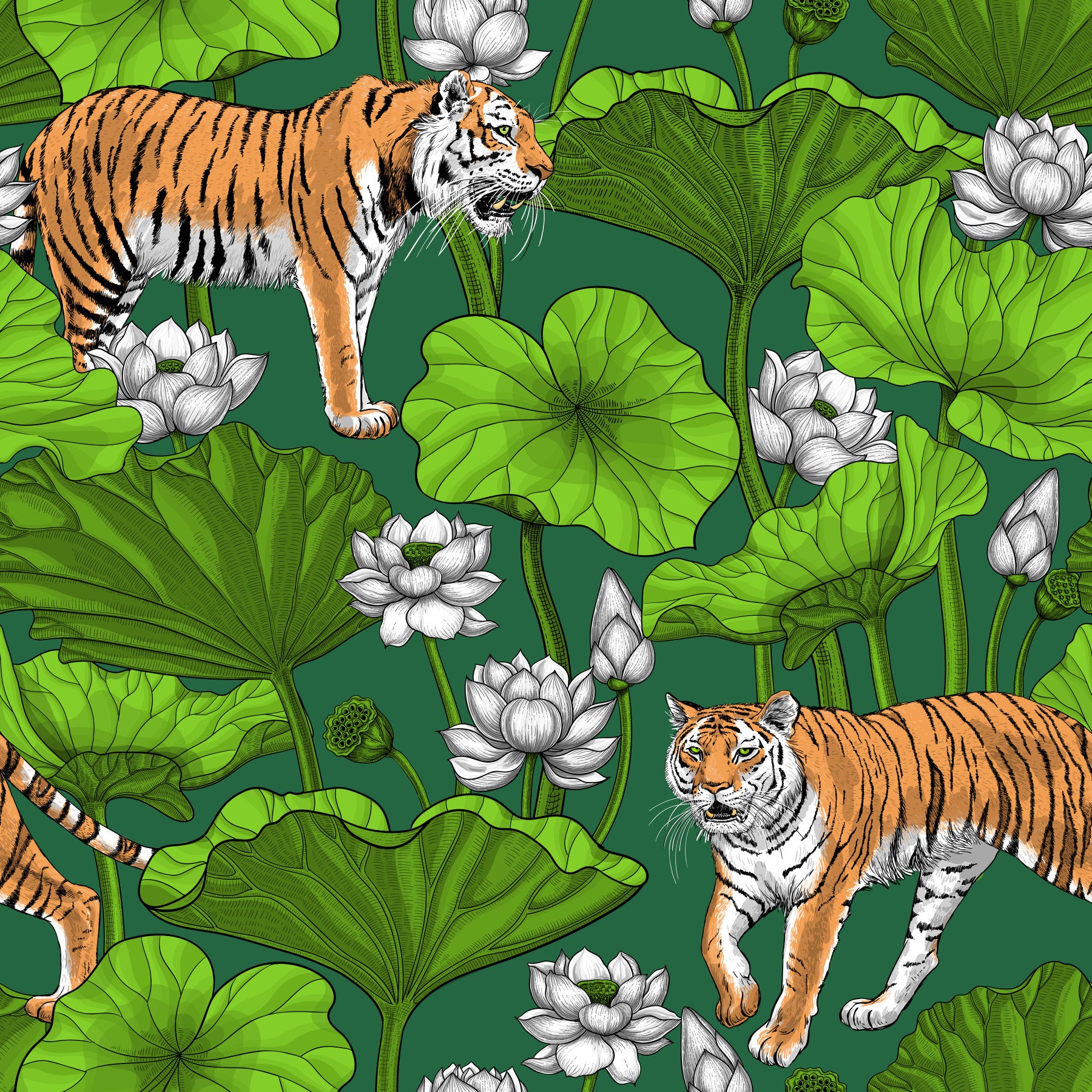 Living room tiger lotus pond wallpaper in green and white with bold leaves
