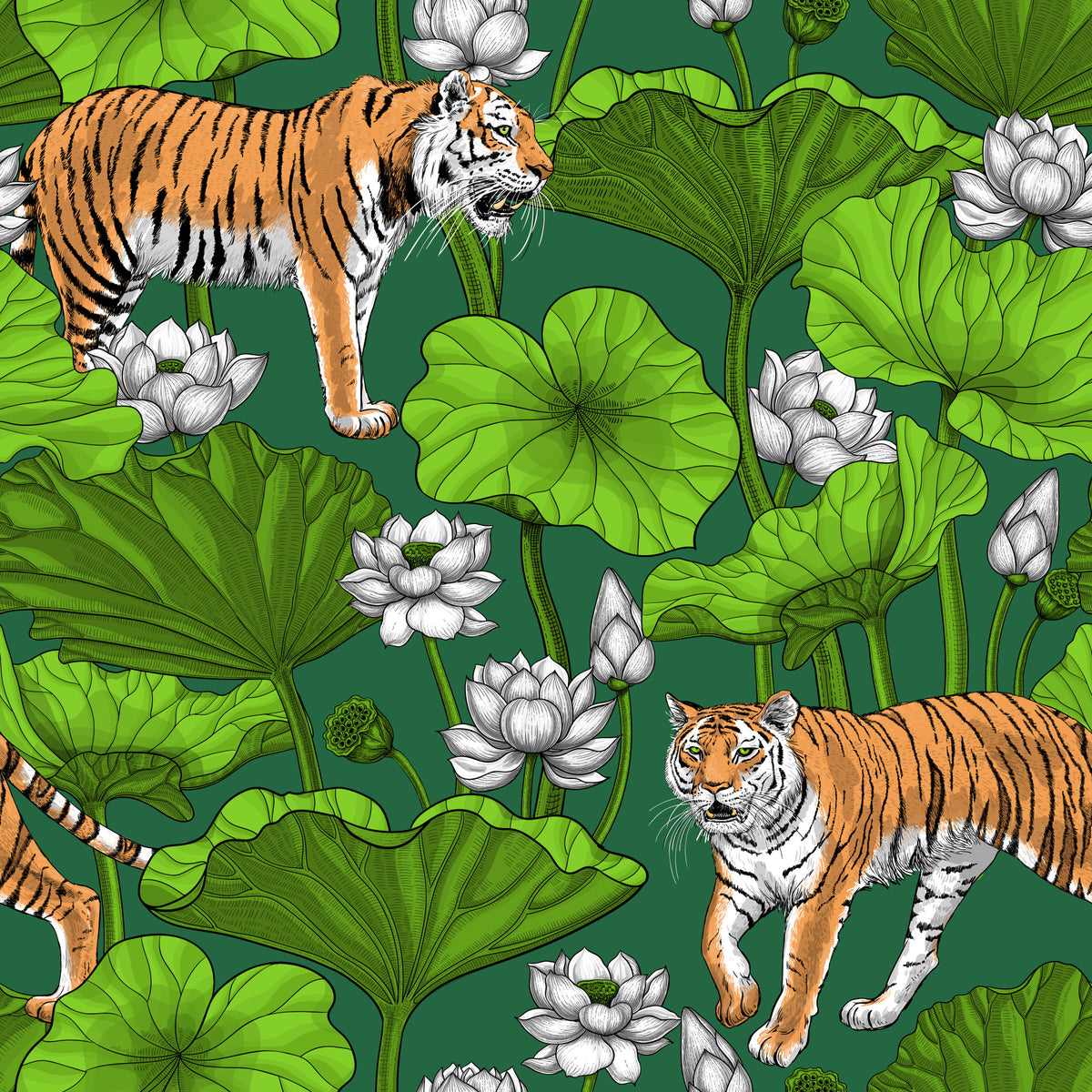 Tigers in the lotus pond in green and white Wallpaper⁠ in your room