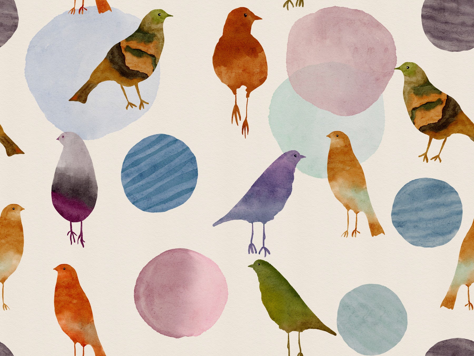 Kids room Muted Watercolor Birds Wallpaper with pastel blobs and bird shapes