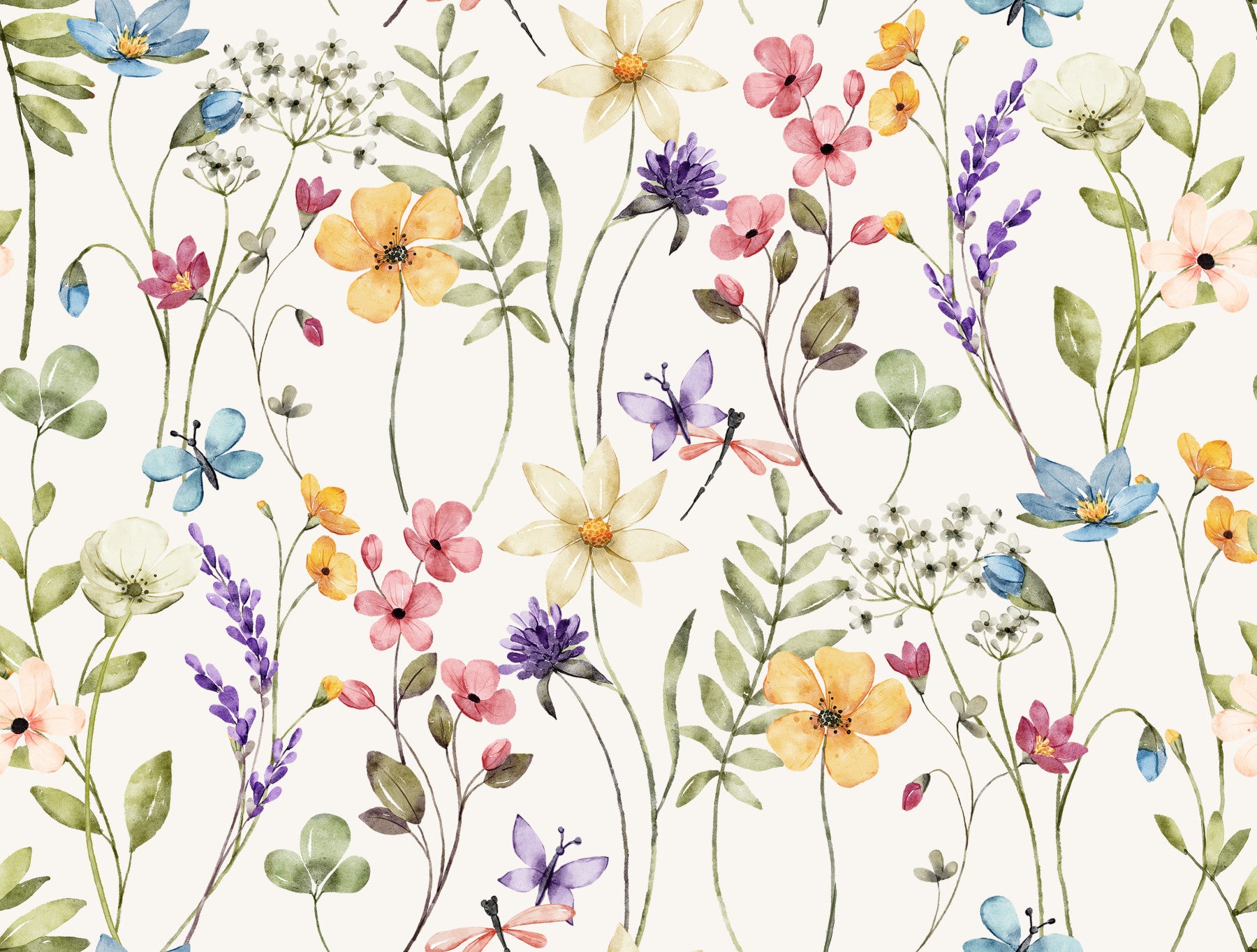 Bedroom Meadow Wallpaper with wildflower petals on a warm white base