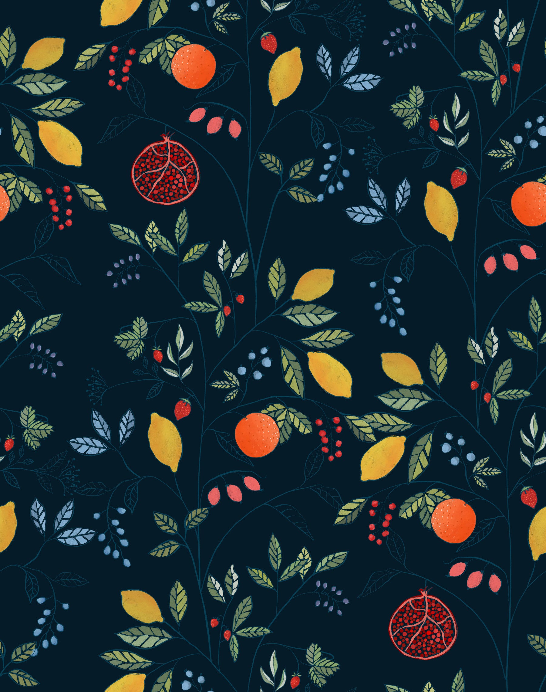 Bedroom Dark Blue Wallpaper with Vibrant Harvest citrus and berry detail