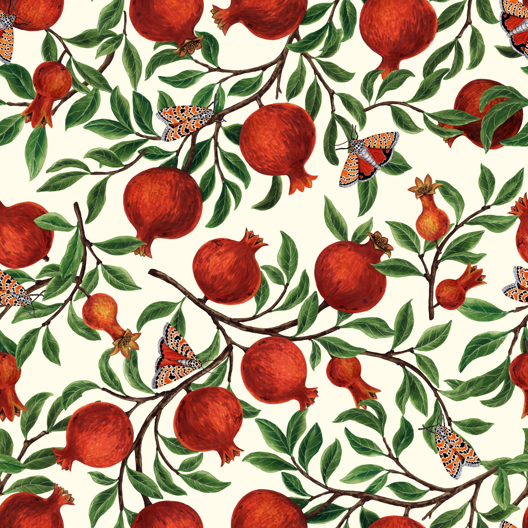 Pomegranate Orchard Butterfly Dance wallpaper fills this bedroom with a warm tone.