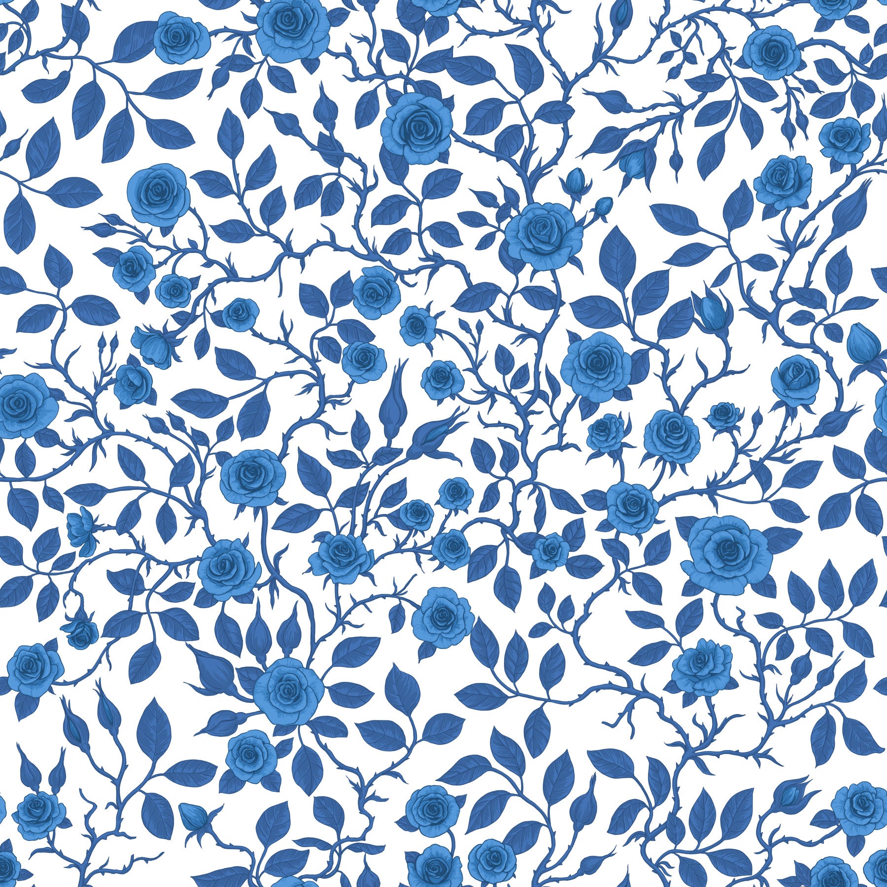 Cool blue blooms drift through Living room in the Wild Roses Blue and White wallpaper.