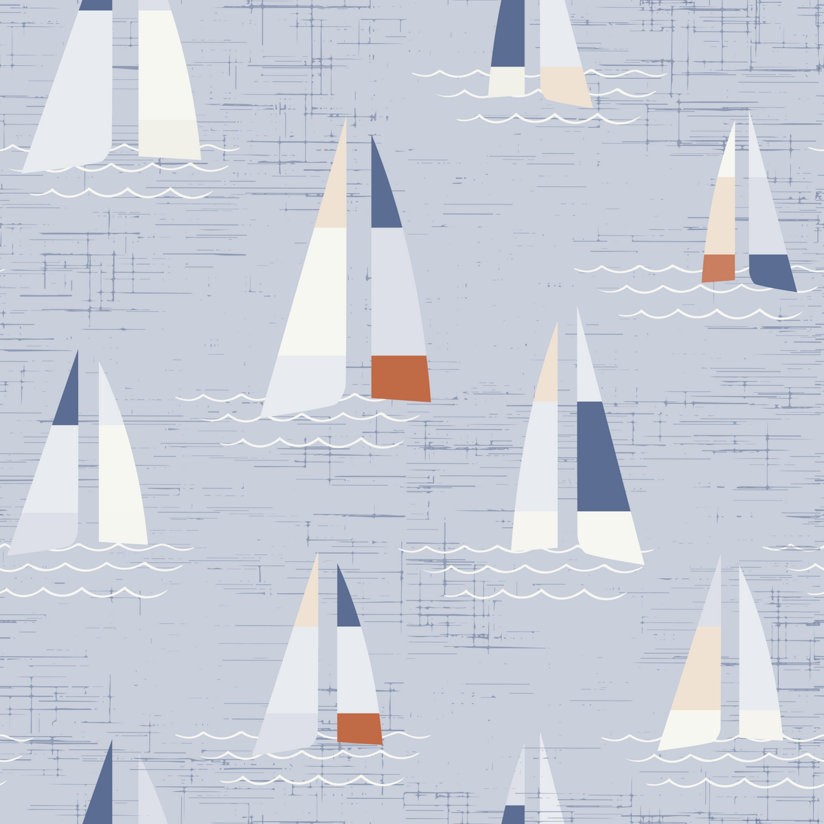 Mid Century Sailboats Coastal Blue Wall Mural in your room — zoomed