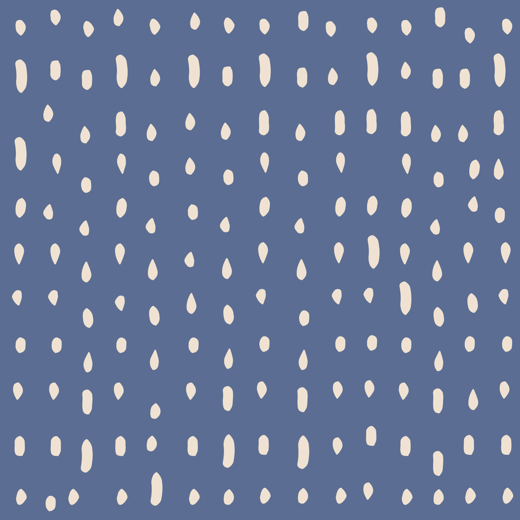Cream droplets scatter over a dusty blue living room wall mural in mid-century mood.