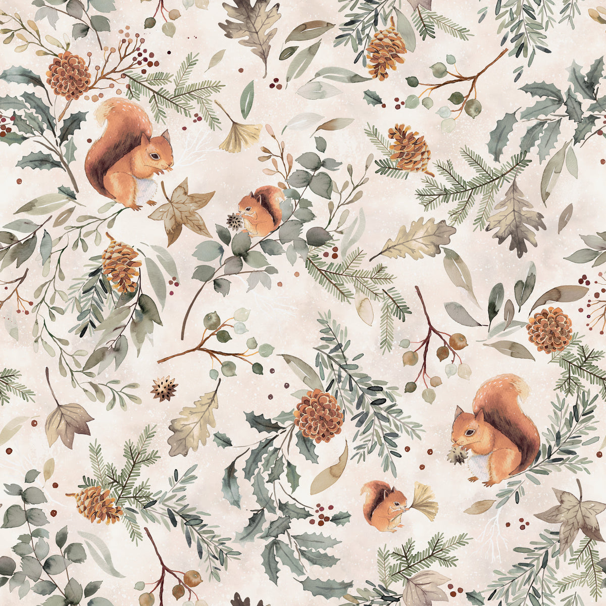 Cozy Woodland Squirrels & Pinecones Wallpaper in your room — zoomed