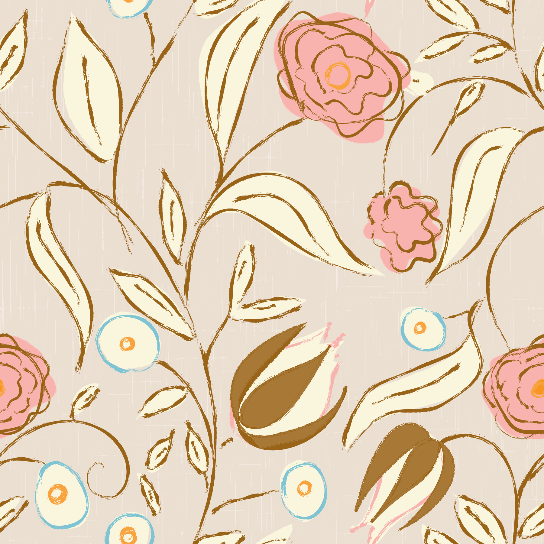 Beige Chintz Floral Vintage Botanical Wallpaper⁠