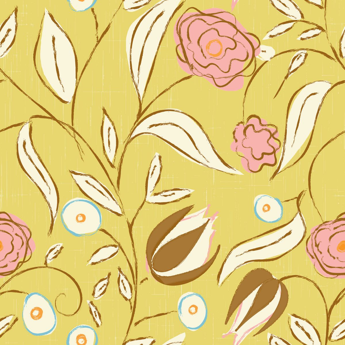 Butter Yellow Chintz Floral Vintage Botanical Wallpaper⁠